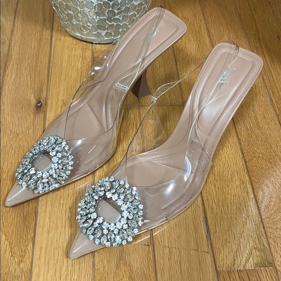 Clear Heeled Mules with Rhinestone Embellishment - Picture 1 of 3